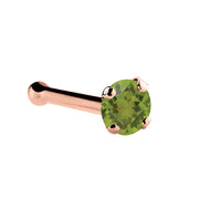 14K rose gold peridot nose bone with 1.5mm tiny genuine green stone and ball-end post