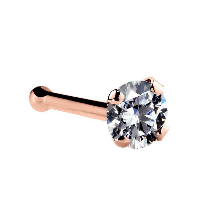 14k rose gold CZ nose bone stud with ball end and 2mm prong-set CZ, warm pink gold tone, angled view