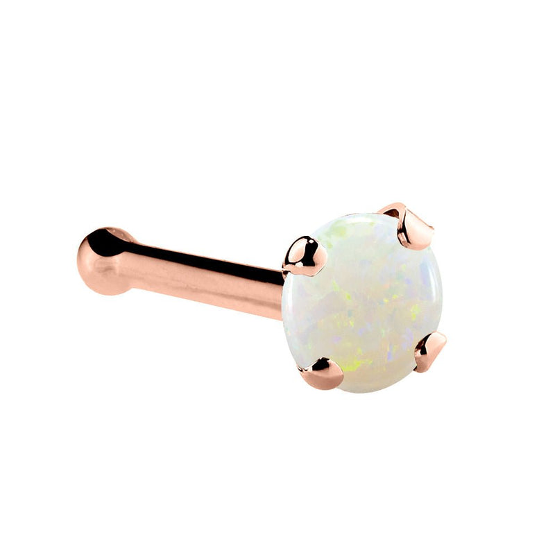 14K rose gold genuine opal nose bone, 2mm standard opal cabochon in rose gold prong setting