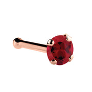 14K rose gold genuine ruby nose bone with 2mm standard red stone in four-prong setting, side angle