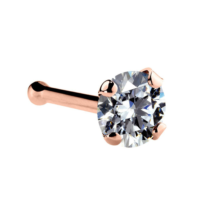 14k rose gold 3mm CZ nose bone style with ball end backing and martini-set cubic zirconia