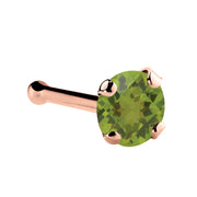 14K rose gold peridot nose bone with 3mm large genuine green stone, prong-set side view