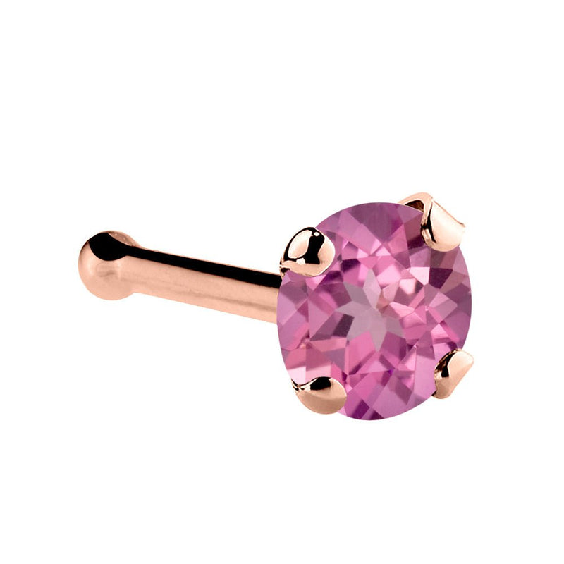 14K rose gold pink tourmaline bone nose ring with 3mm large genuine gemstone in four-prong setting
