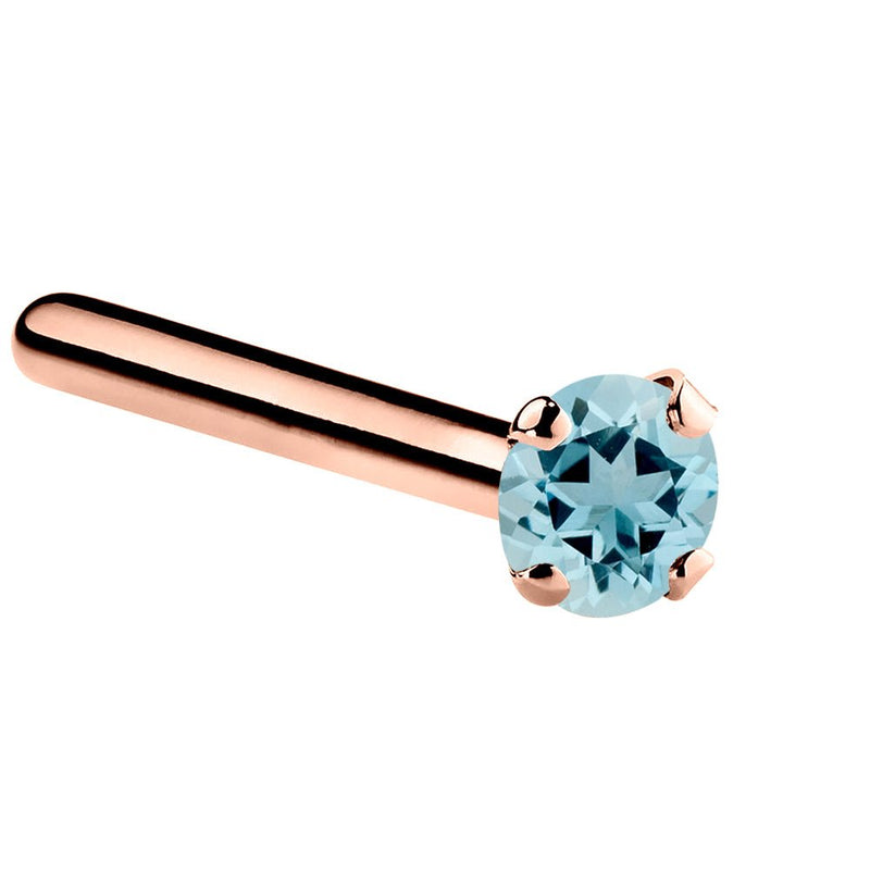 14K rose gold aquamarine straight pin post nose ring with 1.5mm tiny blue stone