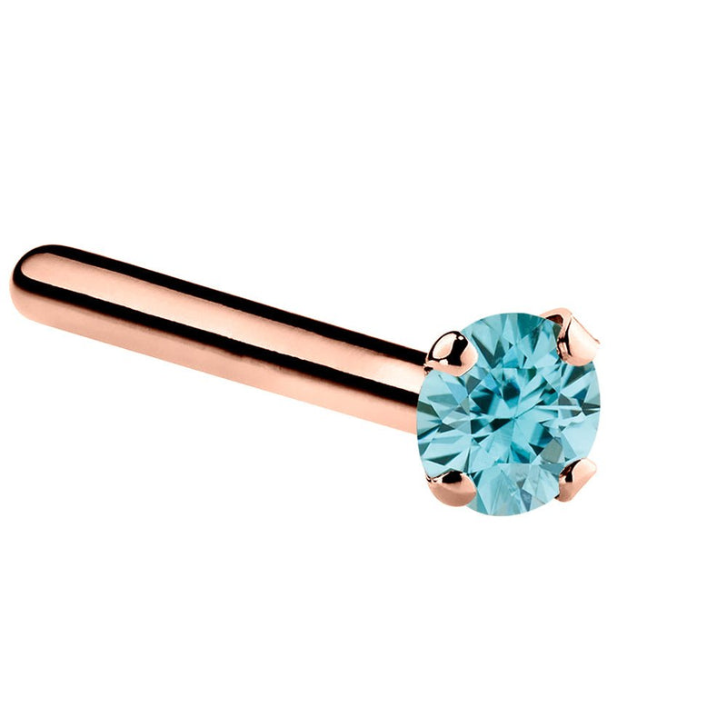 14K rose gold straight pin nose ring with 1.5mm genuine blue zircon, flat post backing