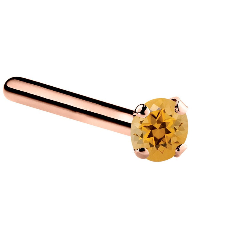 14K rose gold citrine straight pin nose stud, 1.5mm tiny orange gemstone on tapered post