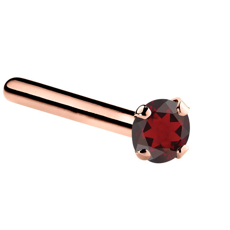 14K rose gold garnet straight pin post nose ring with 1.5mm tiny red garnet, side view
