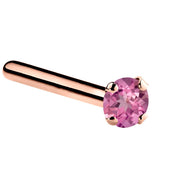 14K rose gold pink tourmaline straight post nose ring with 1.5mm tiny genuine stone, side view