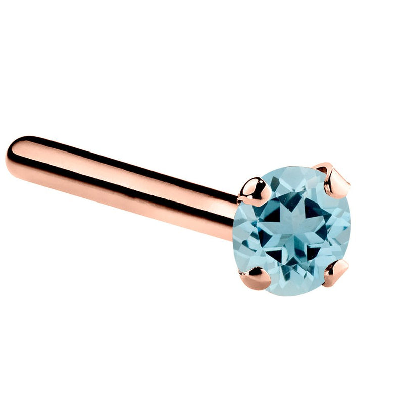 14K rose gold aquamarine straight pin post nose ring with 2mm standard blue stone