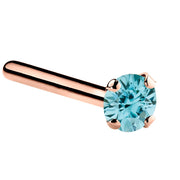 14K rose gold straight pin nose ring with 2mm genuine blue zircon, standard size flat post