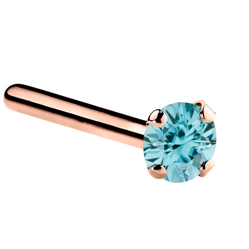 14K rose gold straight pin nose ring with 2mm genuine blue zircon, standard size flat post