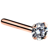 14k rose gold CZ straight post nose stud with flat end and 2mm prong-set CZ, rose gold tone shown