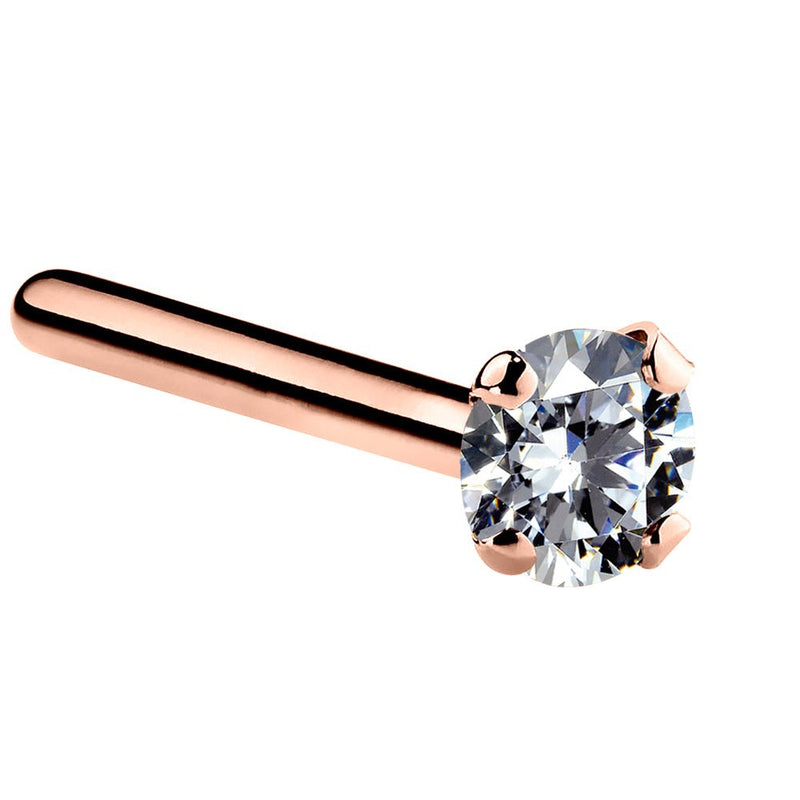 14k rose gold CZ straight post nose stud with flat end and 2mm prong-set CZ, rose gold tone shown