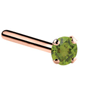 14K rose gold peridot straight pin nose ring with 2mm genuine green stone, side view