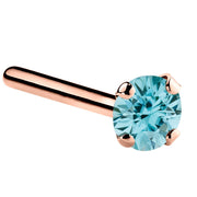 14K rose gold straight pin nose ring with 3mm genuine blue zircon, large stone flat post
