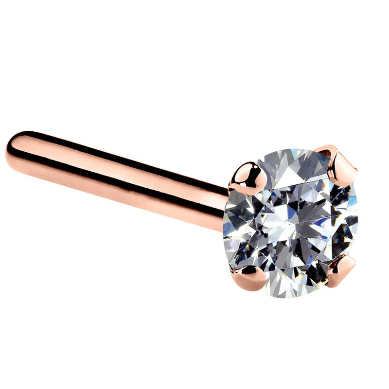 14k rose gold 3mm CZ straight pin post nose ring with martini-set cubic zirconia, angled view