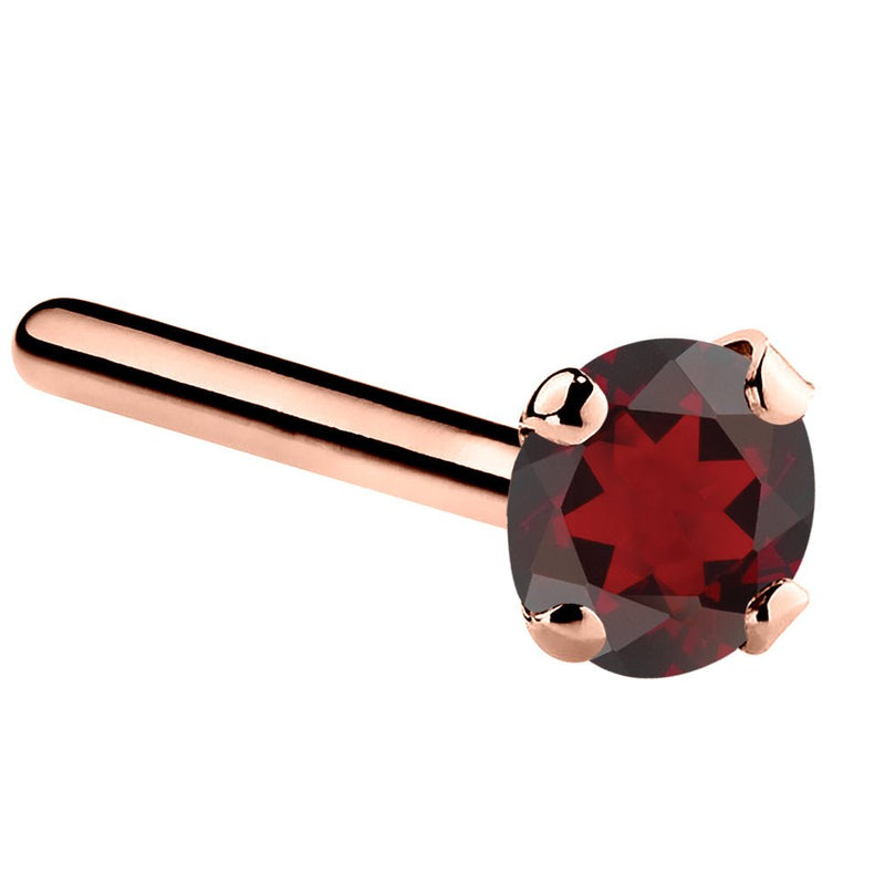14K rose gold garnet straight pin post nose ring with 3mm large genuine red garnet