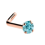 14K rose gold L-shape nose ring with 1.5mm genuine blue zircon, tiny four-prong setting