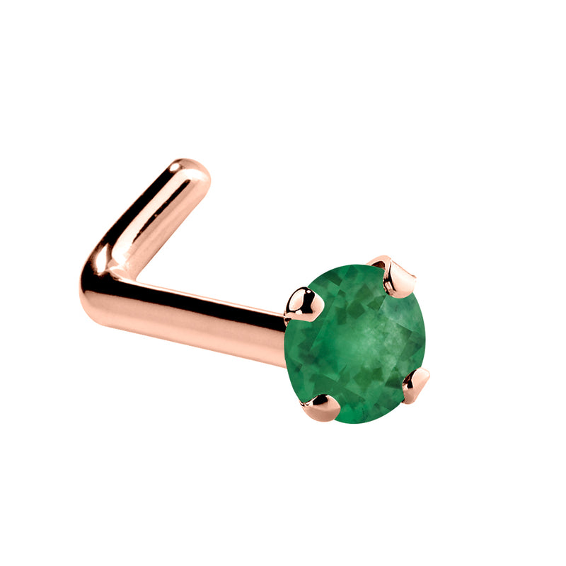 14K rose gold genuine emerald L-shape nose ring with tiny 1.5mm prong-set green emerald