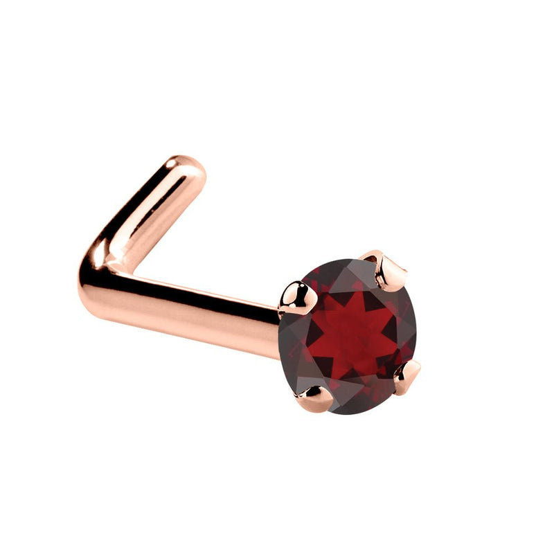 14K rose gold garnet L-shape nose ring with 1.5mm tiny red garnet in four-prong setting
