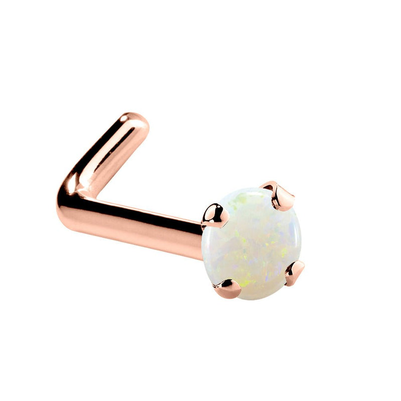 14K rose gold genuine opal L-shape nose ring, 1.5mm tiny opal with warm rose gold prongs