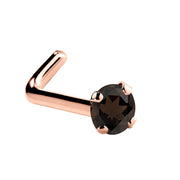 14K rose gold smokey quartz L-shape nose ring with 1.5mm tiny brown stone, side angle