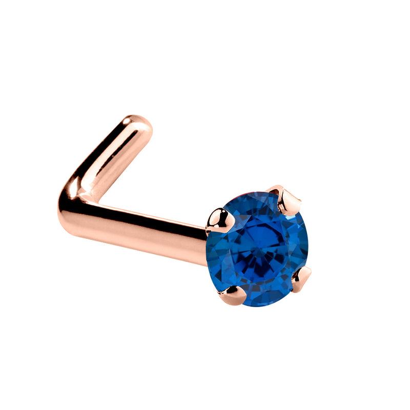 14K rose gold blue sapphire L-shape nose ring with 1.5mm tiny stone, warm gold and blue contrast