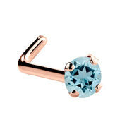 14K rose gold aquamarine L-shape nose ring with 2mm standard blue prong-set stone