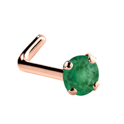 14K rose gold genuine emerald L-shape nose ring with standard 2mm prong-set green emerald