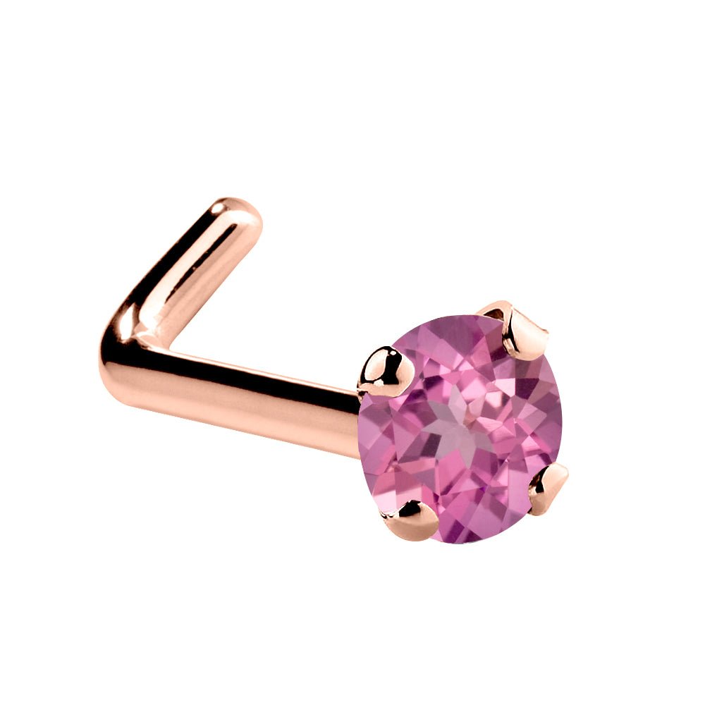 Genuine Pink Tourmaline 14K Gold Nose Ring-14K Rose Gold   L Shape   2mm (standard)