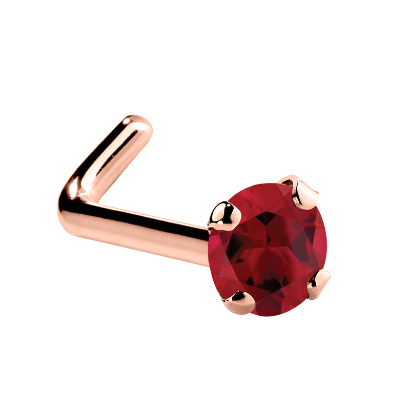 14K rose gold genuine ruby L-shape nose ring with 2mm standard red stone, four-prong L-post view