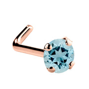 14K rose gold aquamarine L-shape nose ring with 3mm large blue prong-set stone