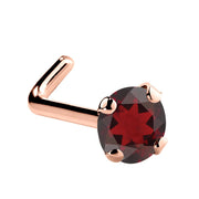14K rose gold garnet L-shape nose ring with 3mm large genuine red garnet, side profile