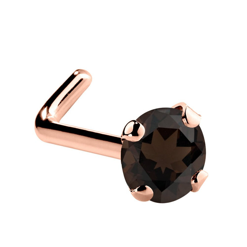 14K rose gold smokey quartz L-shape nose ring with 3mm large brown stone, prong set