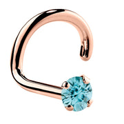 14K rose gold twist nose ring with 1.5mm genuine blue zircon in four-prong setting
