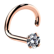 1.7mm CZ nose ring in 14k rose gold with twist backing, angled front view on white