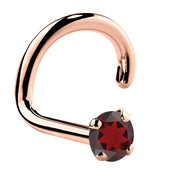 14K rose gold garnet nose ring twist style with 1.5mm tiny red garnet in four-prong setting