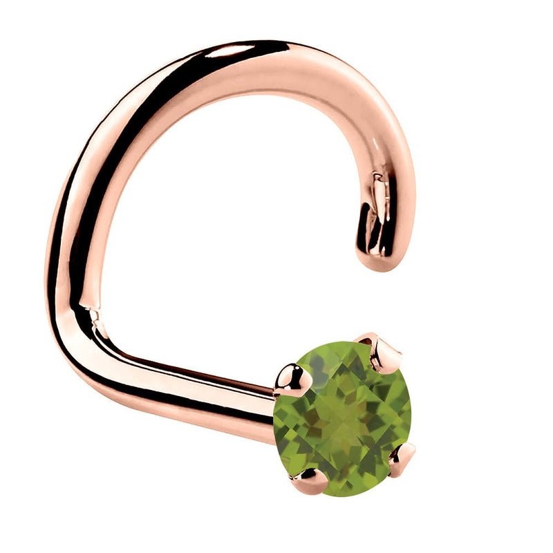 14K rose gold peridot nose ring twist style with prong-set green stone, side profile view
