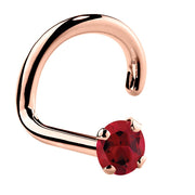 14K rose gold genuine ruby twist nose ring, 1.5mm tiny stone, showing spiral post and prong setting