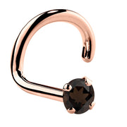 14K rose gold smokey quartz twist nose ring with deep brown prong-set stone, angled view