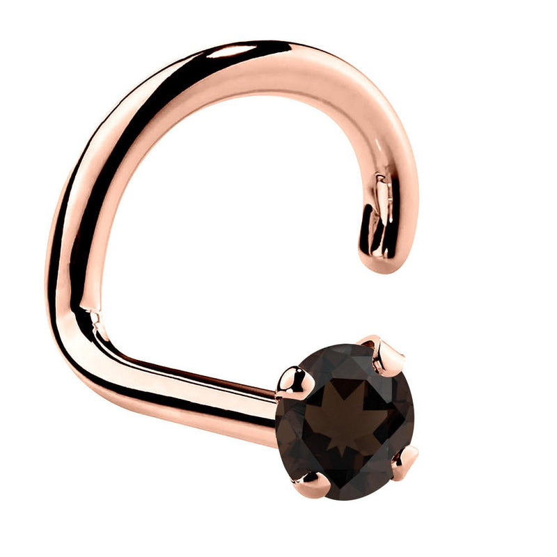 14K rose gold smokey quartz twist nose ring with deep brown prong-set stone, angled view