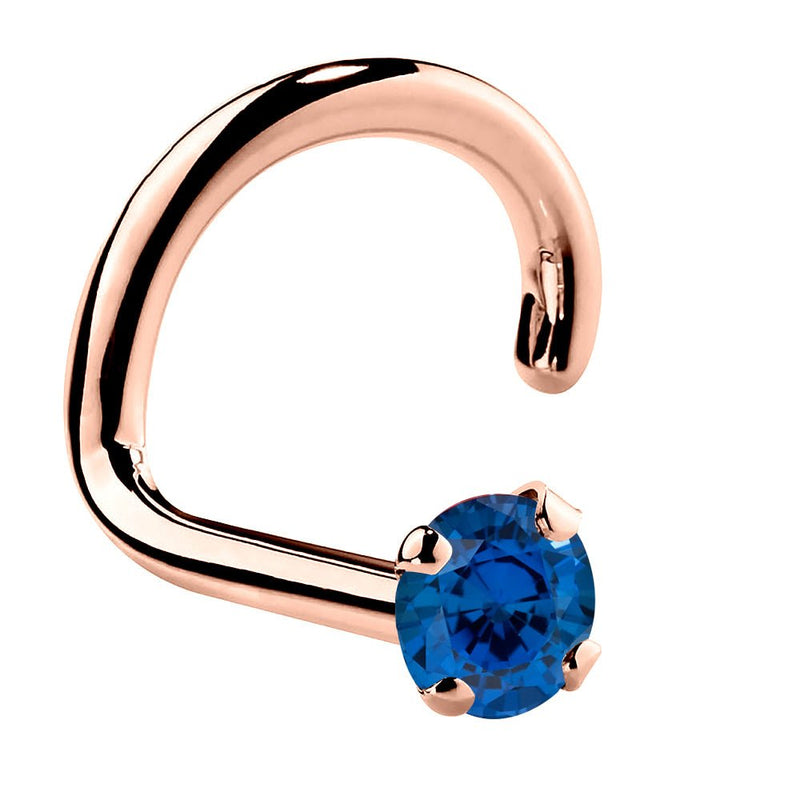 14K rose gold blue sapphire twist nose ring, 1.5mm tiny stone in four-prong setting, side angle