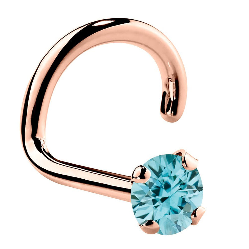14K rose gold twist nose ring with 2mm genuine blue zircon, standard size prong setting
