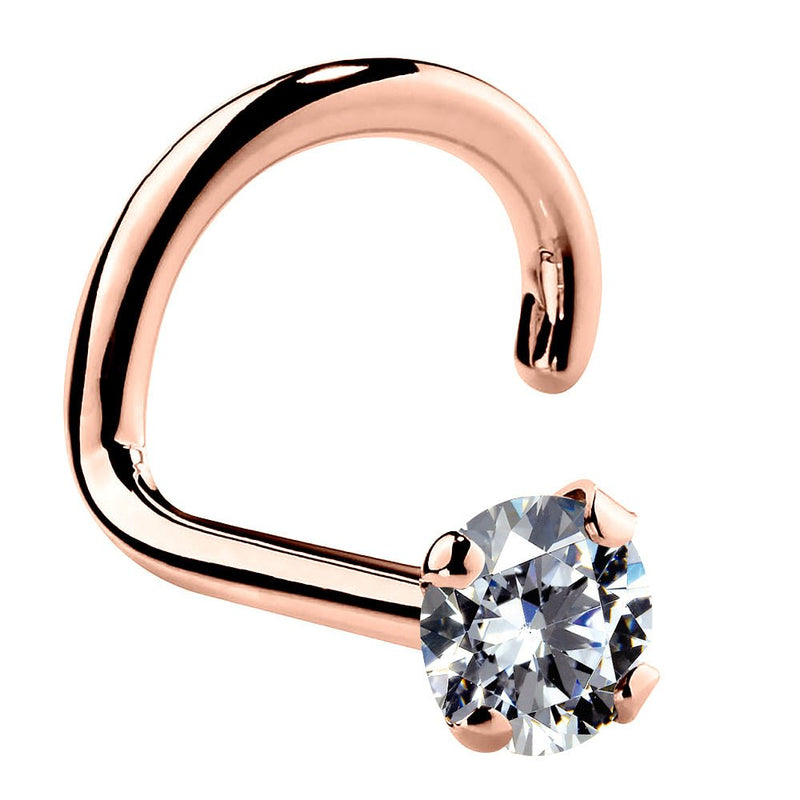 14k rose gold CZ nose ring twist style, angled view highlighting warm pink gold tone and CZ setting
