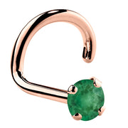 14K rose gold genuine emerald twist nose ring with standard 2mm prong-set green emerald