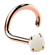 14K rose gold genuine opal nose ring twist style, 2mm standard opal with rose-toned prongs
