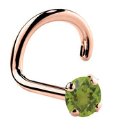 14K rose gold peridot nose ring twist style with 2mm genuine green stone, side profile