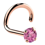 14K rose gold pink tourmaline twist nose ring with 2mm standard round genuine gemstone, angled view