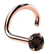 14K rose gold smokey quartz twist nose ring with 2mm standard brown stone, angled view