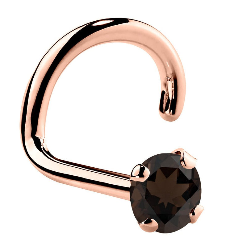 14K rose gold smokey quartz twist nose ring with 2mm standard brown stone, angled view